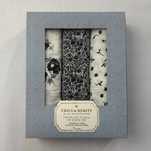 Emily & Merritt Pottery Barn Black Floral Swaddle Set of 3 Organic Cotton Muslin